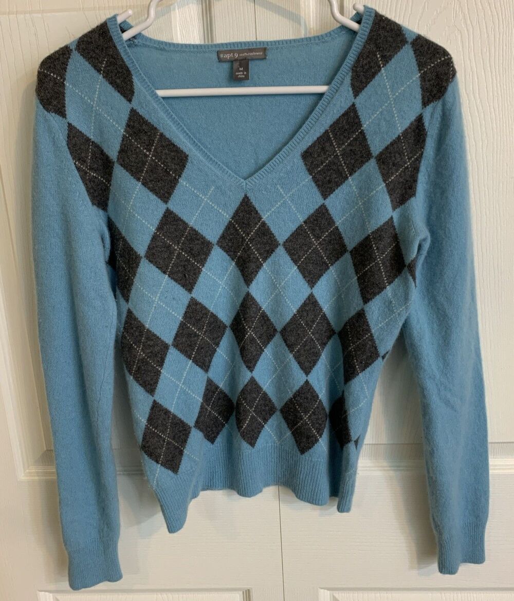 Apt 9 100% Cashmere V Neck Pullover Sweater Womans S Blue Gray Diamond Pattern